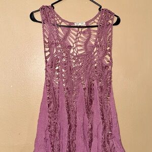 Rebellion Boho Crochet Tank Top; Medium; Mauve w/Handkerchief Hem